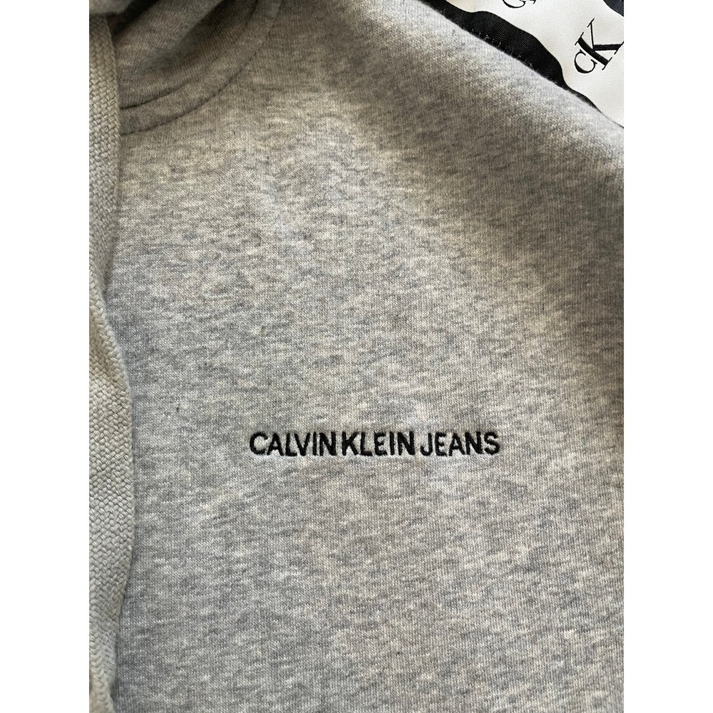 Calvin Klein Jeans Mens Logo Tape Hoodie Gray Fleece Sweatshirt Large - Picture 4 of 7